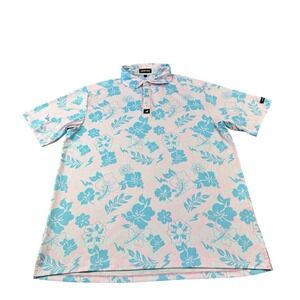 SURFCUZ Pink Blue Floral Men's S/S Performance Polo Shirt Size Large